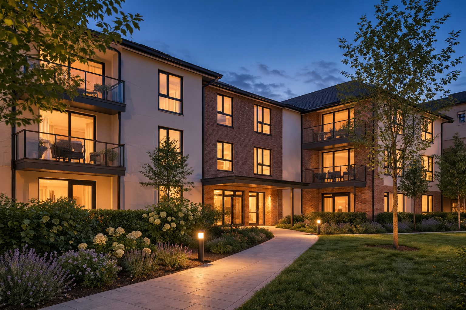 Residential apartment development at dusk